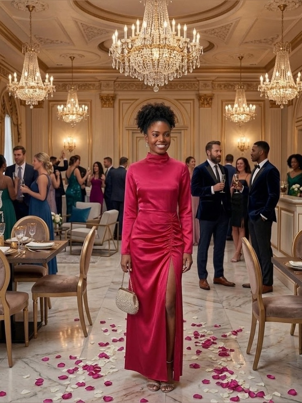 LAPOINTE Long-Sleeve Ruched Slit-Hem Double-Face Satin Bias Gown